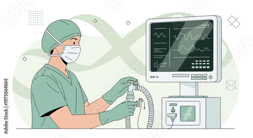 Doctor in protective gear operating a ventilator in an operating room