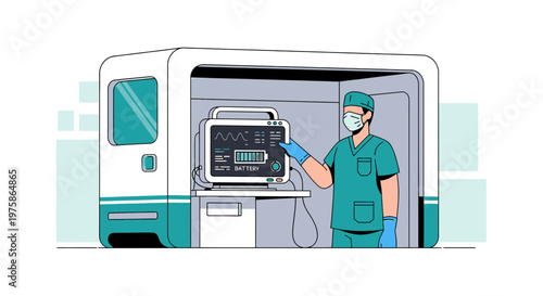 Doctor in protective gear operating medical equipment in a futuristic clinic pod