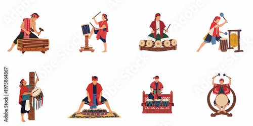 Set of vector illustrations featuring Southeast Asian men in traditional attire playing various ethnic percussion instruments like drums and gongs.