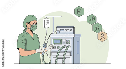 Doctor in surgical mask and gloves operating a ventilator machine in a hospital