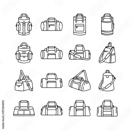 Collection of duffel bags and backpacks in a clean line art style for travel and sports concepts