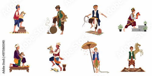 A diverse collection of flat vector illustrations depicting boys in traditional Javanese Indonesian attire performing cultural dances and rituals with wicker horses and gongs.