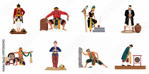 Set of traditional Indonesian cultural figures and dancers wearing authentic ethnic costumes, showcasing heritage, folklore, and ceremonial traditions from different regions.