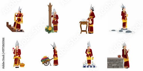 Collection of flat illustrations showing women in traditional Minangkabau attire from West Sumatra, Indonesia, in various cultural and daily life poses.