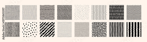 Seamless pattern set with abstract black and white backgrounds, including dots, stripes, grids, and hand-drawn pencil textures. Perfect for fabric, wrapping paper, wallpaper. Drag to swatches panel
