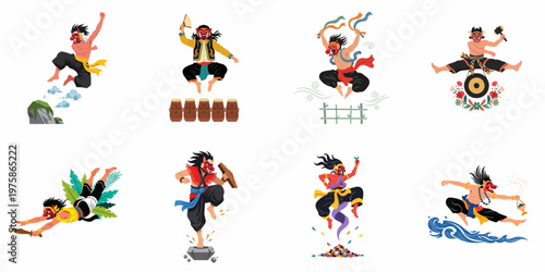 Indonesian Traditional Mask Dancer Illustrations Set Featuring Various Cultural Activities, Folklore Characters, and Symbolic Ritual Performances in a Flat Vector Style