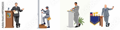 Flat illustration set of diverse men in professional roles including a school principal, uniformed officer, businessman at a lectern, and academic official.