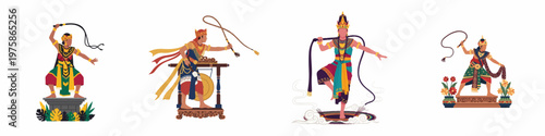 Collection of flat vector illustrations featuring traditional Indonesian dancers and musicians performing with whips and gongs in ethnic costumes.