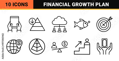 Minimalist business and finance outline icons for corporate strategy and growth.