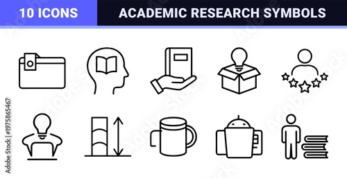 Knowledge and education line icons with brain, book, and idea symbols