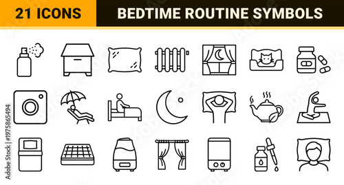 Minimalist sleep and relaxation line icon set with healthy lifestyle symbols.