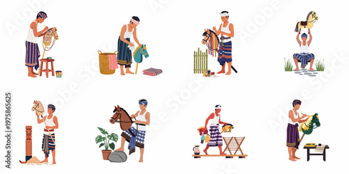 A set of illustrations showing traditional Indonesian craftsmen making and decorating Kuda Lumping hobby horses in various stages of the process.