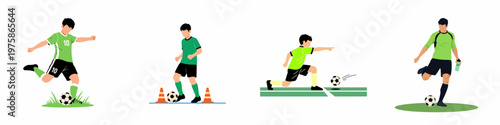 Set of soccer player illustrations showing kids and young men practicing skills like dribbling, kicking, and passing on a white background.