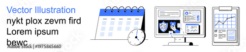 Time management, data analysis, cybersecurity, workflow optimization, scheduling tools, financial tracking. Calendar and clock, computer screen with shield icons and a clipboard with a graph. Time