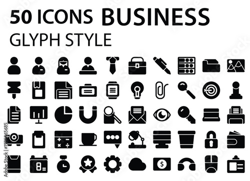 50 minimalist business glyph icons set in flat design for corporate and digital use