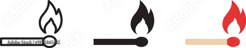 Match icon set, matchstick burning illustration, flammable symbol, fire hazard sign, ignition safety pictogram, combustible concept