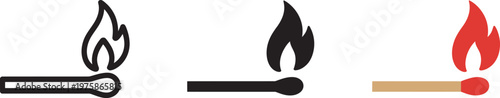 Match icon set, matchstick burning illustration, flammable symbol, fire hazard sign, ignition safety pictogram, combustible concept