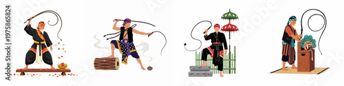Set of Four Illustrations Featuring Indonesian Men in Traditional Javanese Attire and Costumes Performing with Long Whips