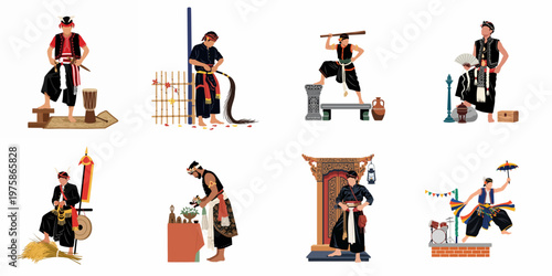 Collection of Flat Vector Illustrations Featuring Men in Diverse Indonesian Traditional Costumes Performing Various Cultural Activities and Dances.