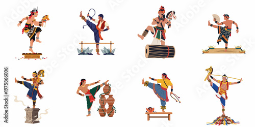 Collection of traditional Indonesian men's dances featuring diverse cultural costumes and props like hobby horses and drums, isolated on a white background.