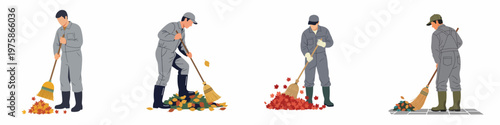 Set of illustrations featuring workers in overalls sweeping fallen autumn leaves with brooms on a white background.
