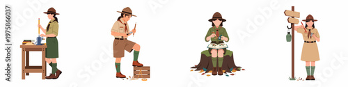 Set of scout girl illustrations performing various activities like woodcraft, journaling, and navigating in their classic uniforms on white background.
