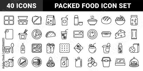 Minimalist lunch box and food container line icons set