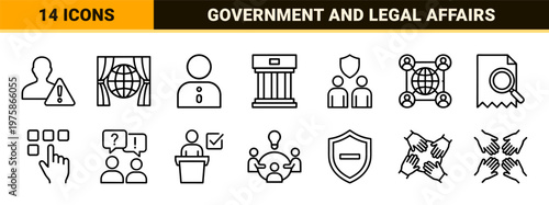 Diplomacy and government line icon set for global relations