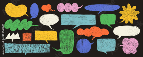 Crayon speech bubble collection on black background with vibrant hand drawn shapes. Rough pencil textured text boxes. Great for fun designs, comics, posters, or branding