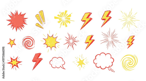 Collection of comic book style explosion, lightning, and speech bubble elements