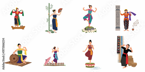 Collection of various Indonesian traditional dancers in colorful ethnic costumes and elegant poses, showcasing the diverse cultural heritage and performing arts of Indonesia.
