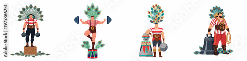 Set of four circus strongmen illustrations wearing striped outfits and decorated with peacock feathers performing various feats of strength on white background.