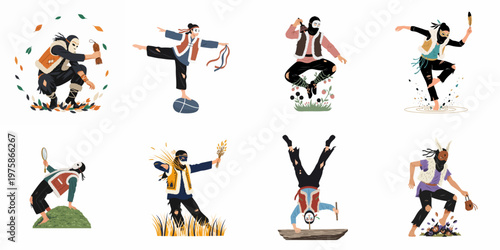 Collection of masked characters performing traditional folk rituals and shamanic dances in various expressive poses and costumes, flat vector illustration on white background.