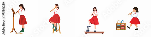 Illustrations of a young girl in a red skirt practicing and playing the recorder in several different poses and settings.
