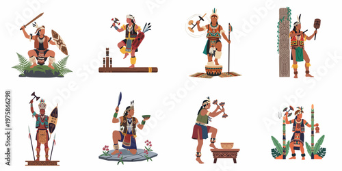 Collection of flat vector illustrations depicting indigenous people in traditional attire engaged in cultural activities, rituals, and warrior poses on white background.