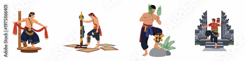 Set of Flat Vector Illustrations Depicting Traditional Balinese Dancers, Musicians, and Cultural Performances from Indonesia on White Background.