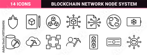 Blockchain and cryptocurrency line icons for fintech and digital finance