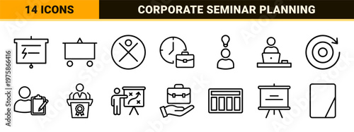 Business meeting and seminar outline icon set for corporate presentations and teamwork