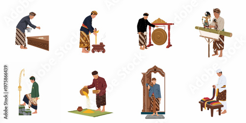 Flat Vector Illustration Set of Javanese Men in Traditional Indonesian Clothing Performing Various Cultural Rituals and Activities