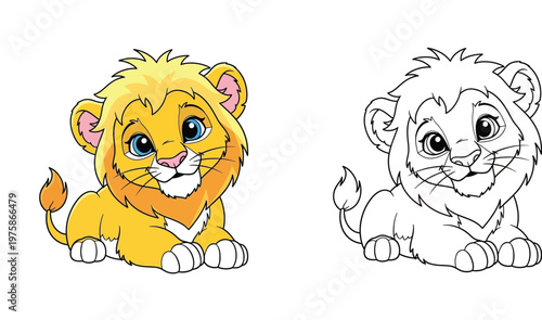 Cute baby lion cartoon character. Side by side colorful illustration and black and white line art vector design for kids coloring book page.