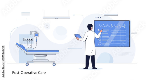 Doctor monitoring patient vitals on screen in modern post-operative care unit