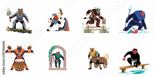Collection of Eight Mythical Horned Forest Creatures and Monsters in Various Adventurous Poses, Vector Flat Illustrations