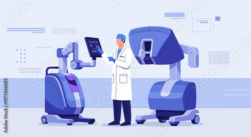 Doctor operating advanced medical robot in futuristic operating room