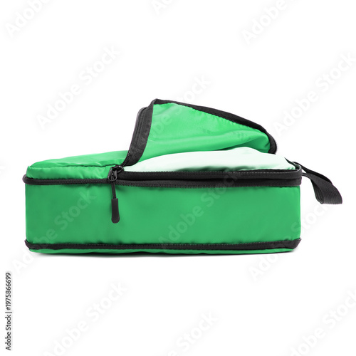 Bright Green Travel Shoe Bag with Dark Green Sneakers Inside Isolated on White Background