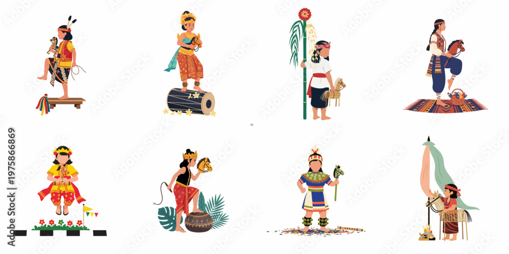 Fototapeta premium Set of flat vector illustrations depicting children in traditional Indonesian costumes performing cultural dances with woven horse effigies.