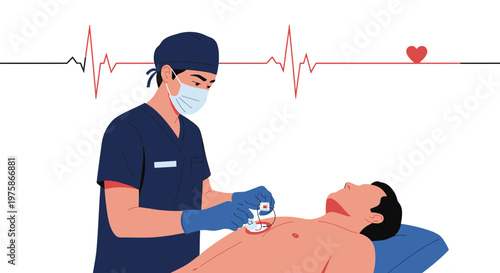 Doctor Performing Medical Procedure on Patient with Heartbeat Monitor