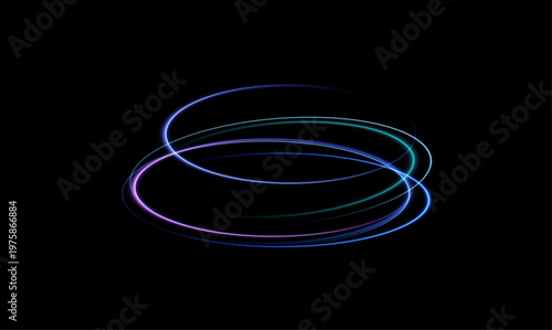 Bright neon light trails forming rings on a black background. Movement with shimmering colors and a futuristic style. Blue and purple neon rings. Futuristic abstract composition with glowing lines.