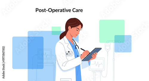 Doctor Performing Post-Operative Care, Writing Notes on Tablet in Modern Clinic