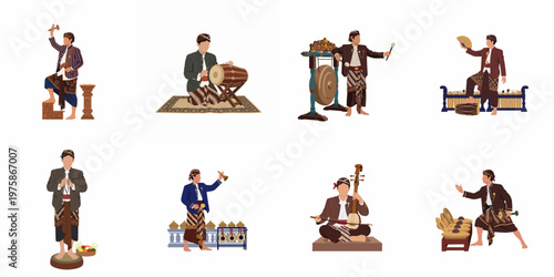 Set of illustrations featuring Javanese men in traditional clothing playing various Indonesian Gamelan musical instruments on a white background.