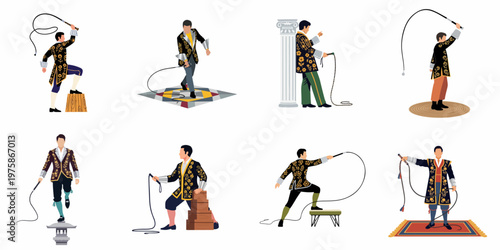 Collection of circus performers in ornate floral costumes with whips, isolated on a white background.